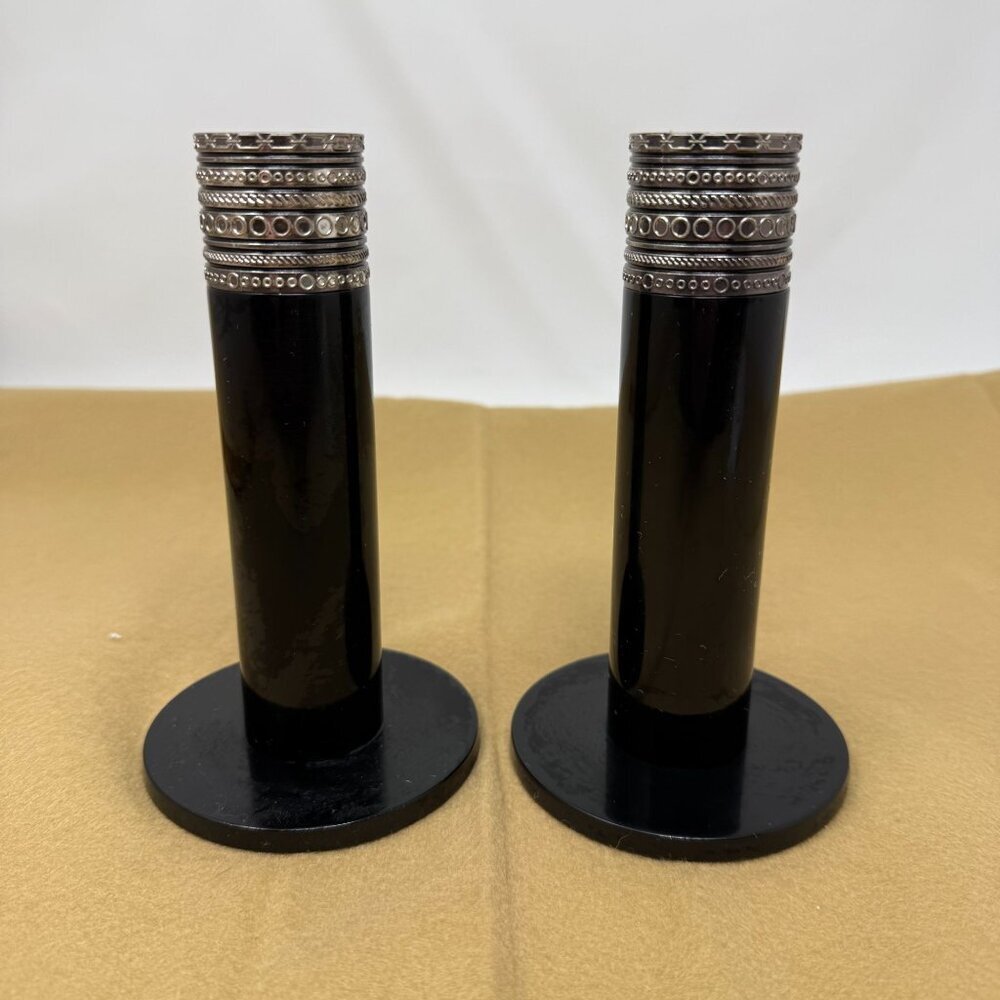 Vera Wang Wedgewood With Love Noir Black Silver Metal Candlesticks Art Deco Glam